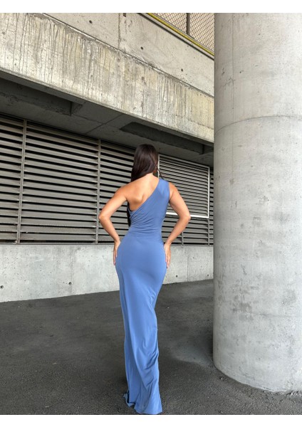 Tek Omuz Detaylı Sandy Kumaş Elbise 583181 Indigo modelleri