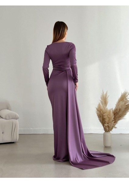 Kalp Yaka Omzu Açık Uzun Kol Glop Yırtmaçlı Balık Uzun Maxi Boy Saten Kumaş Elbise Haki 582355 Mor modelleri