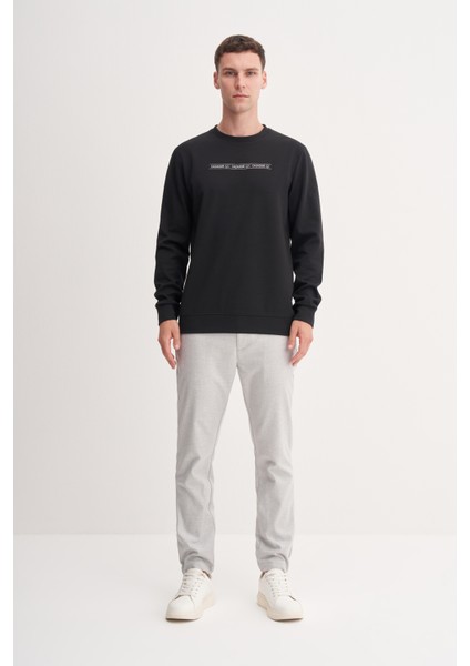 53270 Siyah Erkek Bisiklet Yaka Önü Baskılı Regular Fit Sweatshirt