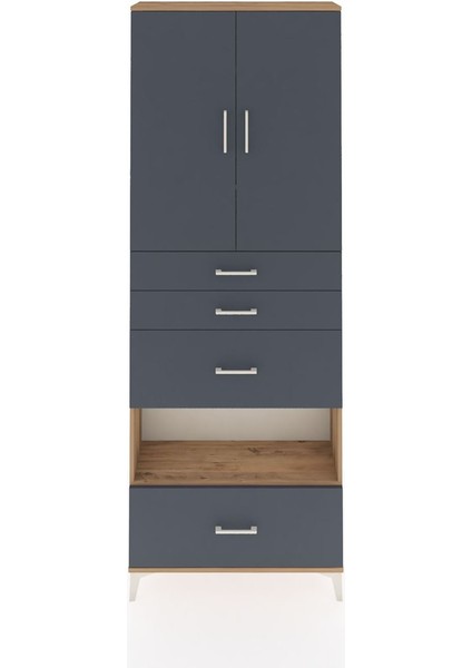 Arges Dolap 4 Raflı 4 Çekmeceli 2 Kapaklı 88X30X243 Çam-Antrasit