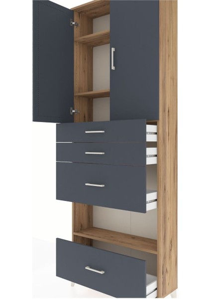 Arges Dolap 4 Raflı 4 Çekmeceli 2 Kapaklı 88X30X243 Çam-Antrasit indirimleri