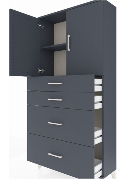 Arges Dolap 2 Raflı 4 Çekmeceli 2 Kapaklı 88X30X182 Antrasit-Antrasit indirimleri
