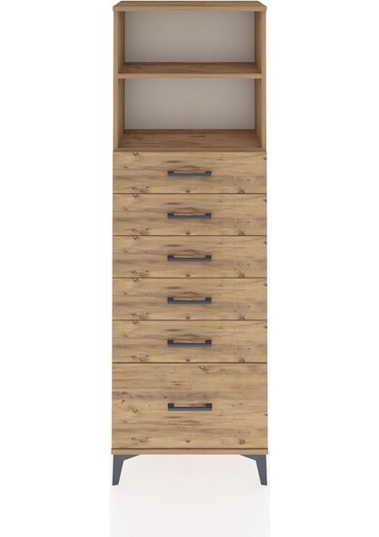 Arges Dolap 2 Raflı 6 Çekmeceli 60X30X182 Çam-Çam