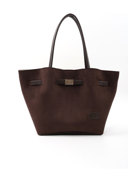 Kahverengi Süet SHK159 Suni Deri, Astarlı, Çıtçıtlı, Kilit Detaylı El, Kol ve omuz çantası