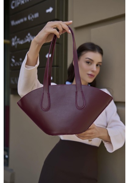 Bordo Kadın Deri Görünümlü Shopper Çanta