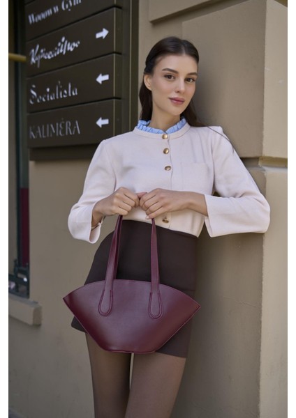 Bordo Kadın Deri Görünümlü Shopper Çanta modelleri