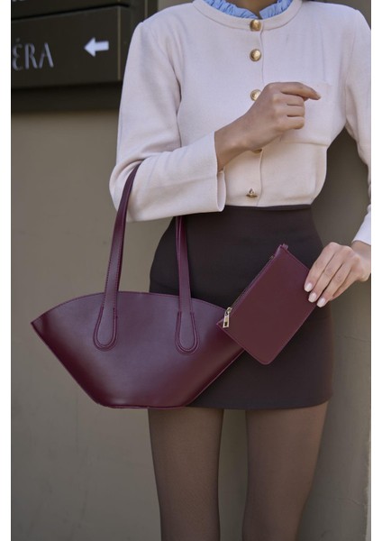 Bordo Kadın Deri Görünümlü Shopper Çanta fırsatları
