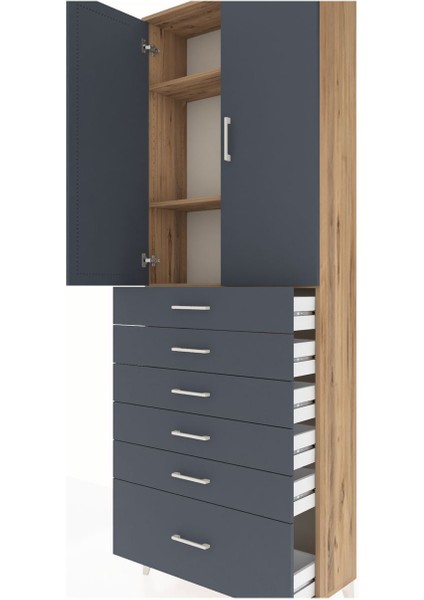 Arges Dolap 3 Raflı 6 Çekmeceli 2 Kapaklı 88X30X243 Çam-Antrasit indirimleri