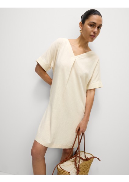 V Yaka Keten Mini Elbise