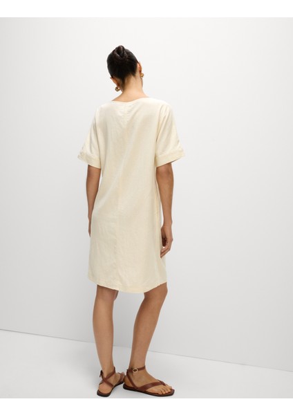 V Yaka Keten Mini Elbise modelleri