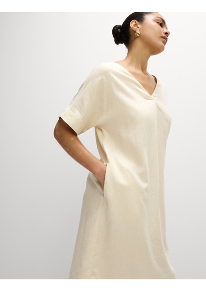 V Yaka Keten Mini Elbise fırsatları