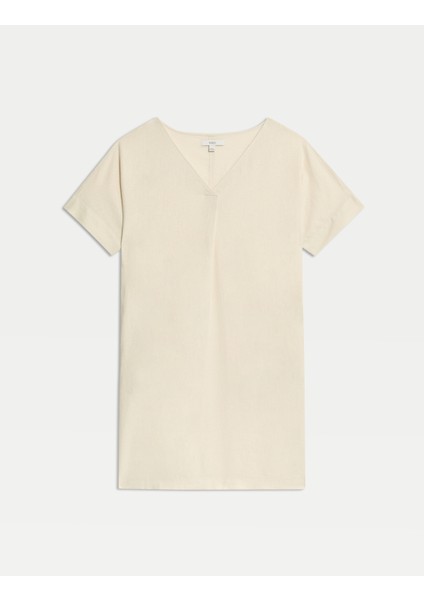 V Yaka Keten Mini Elbise indirimleri