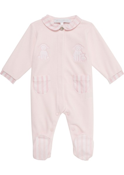 Pembe Kadife Bebe Yaka Uzun Kollu Kız Bebek Tulum