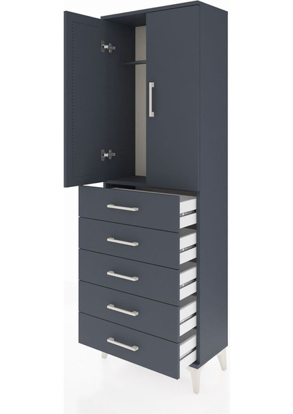 Arges Dolap Tek Raflı 5 Çekmeceli Tek Askılı 60X30X182 Antrasit-Antrasit fırsatları