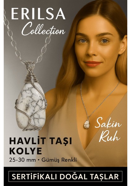 Sertifikalı Gümüş Tel Sargılı Doğal Havlit Taşı Kolye – 25-30 mm Huzur ve Bilgelik Taşı