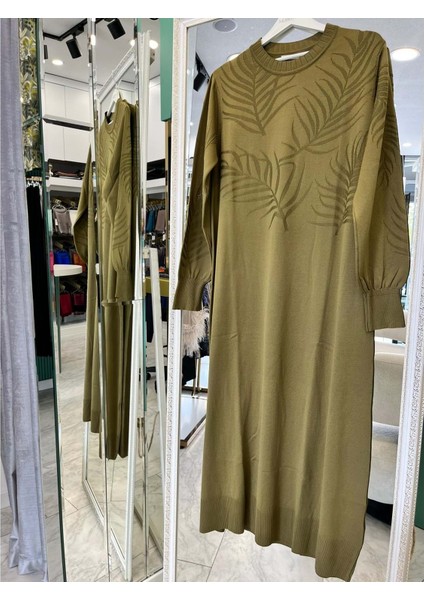 Adn Ince Triko Palmiye Elbise - Yağ Yeşili - 2