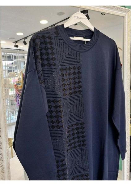 Adn Ince Triko Tunik Simli - Lacivert - 2 modelleri