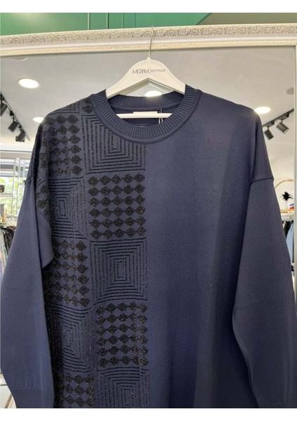 Adn Ince Triko Tunik Simli - Lacivert - 2 fırsatları