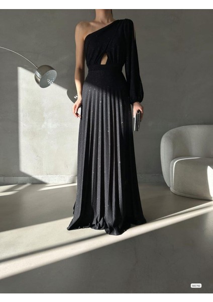 Tek Omuz Işıltılı Pileli Uzun Abiye Elbise 582702 Siyah