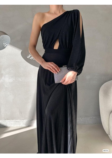 Tek Omuz Işıltılı Pileli Uzun Abiye Elbise 582702 Siyah fiyatları