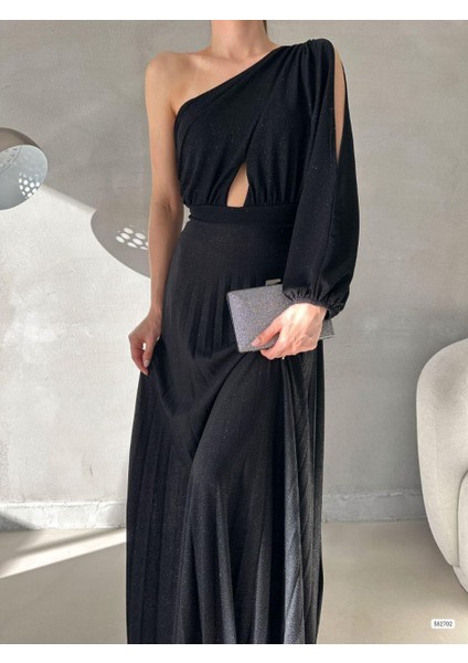 Tek Omuz Işıltılı Pileli Uzun Abiye Elbise 582702 Siyah modelleri