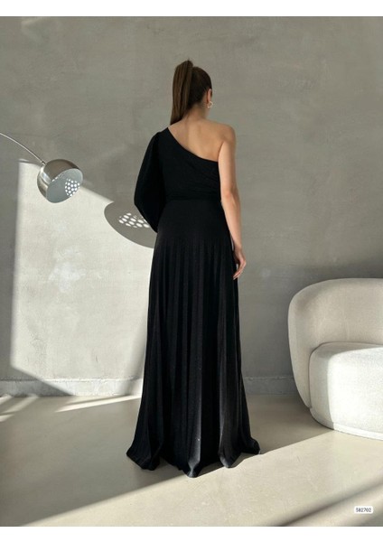 Tek Omuz Işıltılı Pileli Uzun Abiye Elbise 582702 Siyah fırsatları