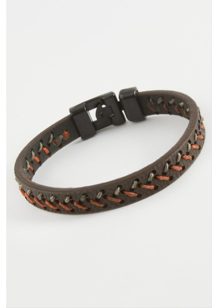 Ds-Derin Ip Işlemeli Kaliteli Suni Deri Bileklik-Kahverengi