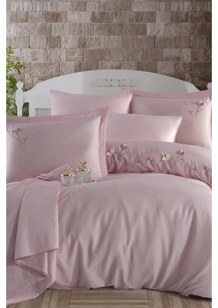 Lapis Nakışlı %100 Pamuk Saten Çift Kişilik Nevresim Takımı Pudra