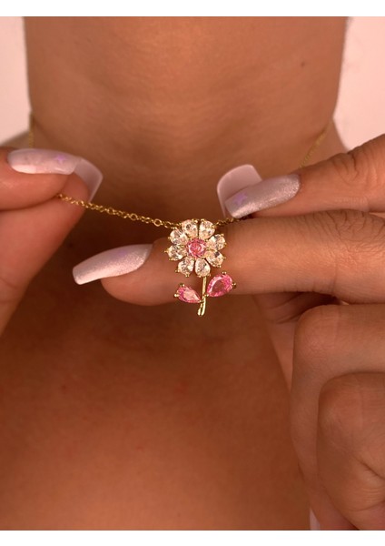 Kadın Minimal Pembe Papatya Çelik Gold Kolye Zarif Hediye Ince Zincir Trend Kolye Günlük