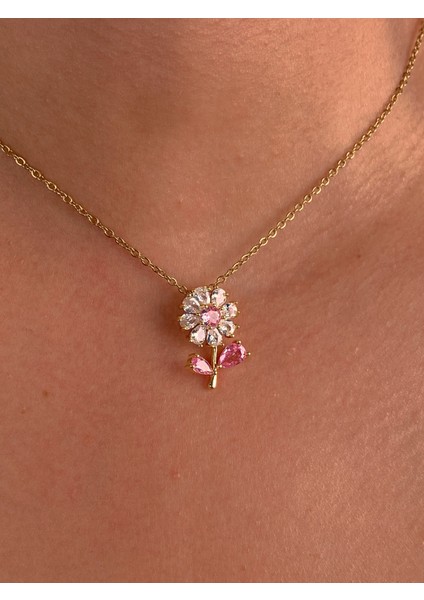 Kadın Minimal Pembe Papatya Çelik Gold Kolye Zarif Hediye Ince Zincir Trend Kolye Günlük