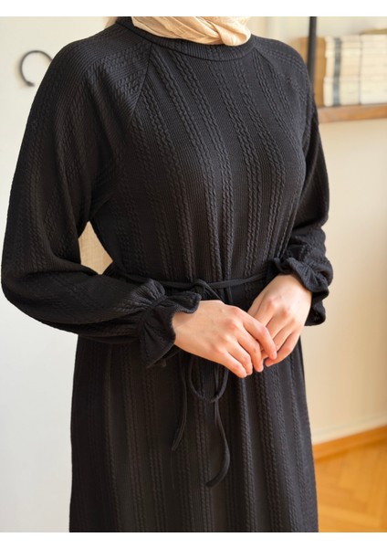 Siyah Reglan Kol Saç Örgü Desen Örme Elbise 9923