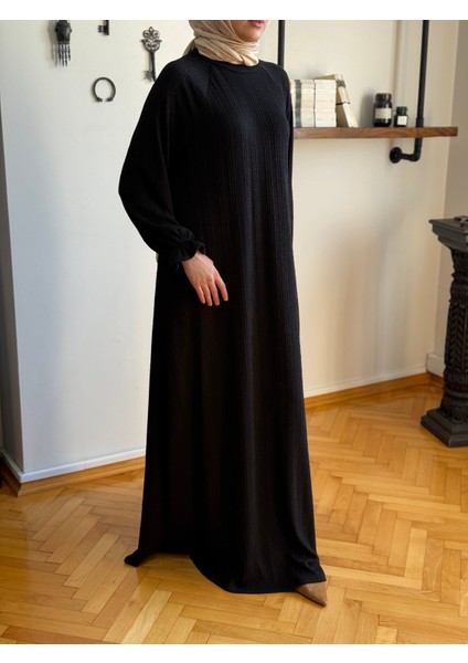 Siyah Reglan Kol Saç Örgü Desen Örme Elbise 9923 modelleri