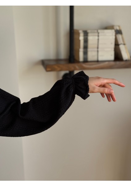 Siyah Reglan Kol Saç Örgü Desen Örme Elbise 9923 fırsatları
