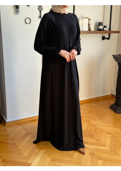 Siyah Reglan Kol Saç Örgü Desen Örme Elbise 9923 indirimleri