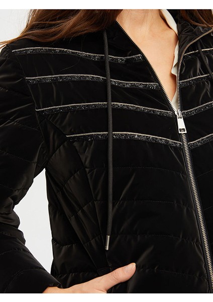 Zincir Şerit Detaylı Kadife Görünümlü Kapitone Mont 005