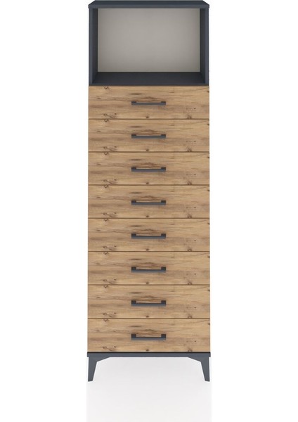 Arges Dolap Tek Raflı 8 Çekmeceli 60X30X182 Antrasit-Çam