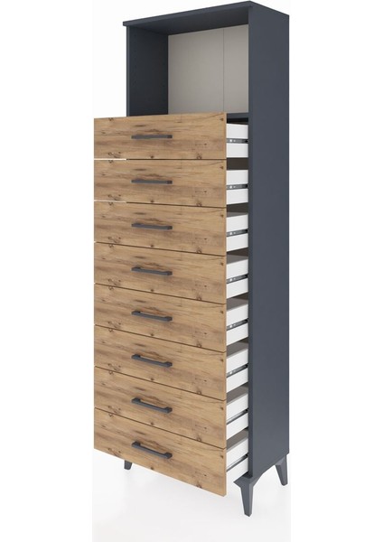 Arges Dolap Tek Raflı 8 Çekmeceli 60X30X182 Antrasit-Çam fırsatları