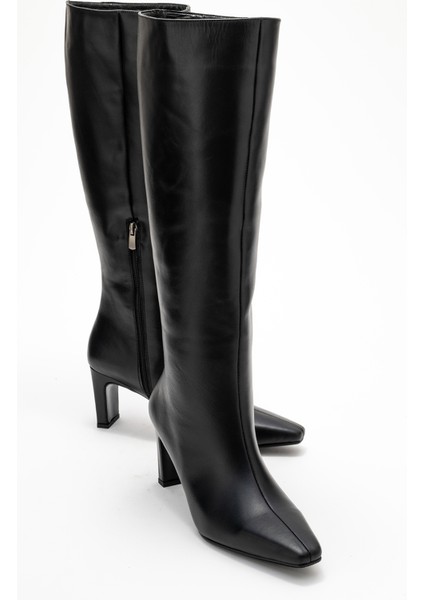 Lume Siyah Cilt Hakiki Deri Kadın Blok Topuklu Çizme