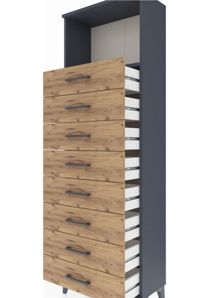 Arges Dolap Tek Raflı 8 Çekmeceli 60X30X182 Antrasit-Çam indirimleri