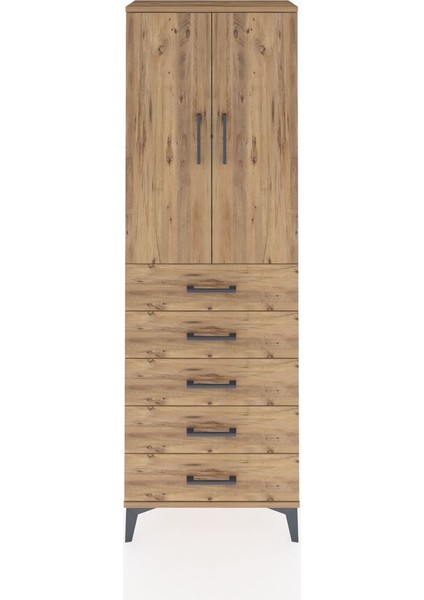 Arges Dolap Tek Raflı 5 Çekmeceli Tek Askılı 60X30X182 Çam-Çam