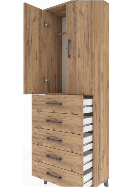 Arges Dolap Tek Raflı 5 Çekmeceli Tek Askılı 60X30X182 Çam-Çam indirimleri