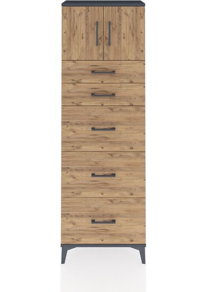 Arges Dolap Tek Raflı 5 Çekmeceli 2 Kapaklı 60X30X182 Antrasit-Çam