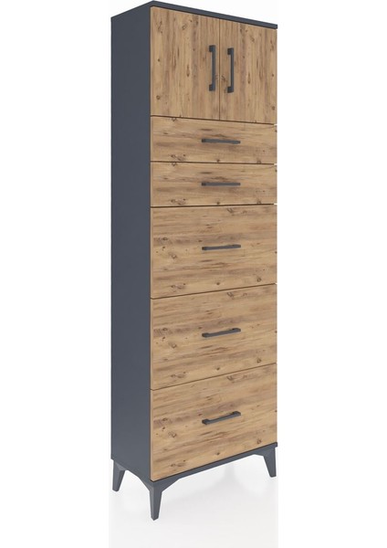 Arges Dolap Tek Raflı 5 Çekmeceli 2 Kapaklı 60X30X182 Antrasit-Çam fiyatları