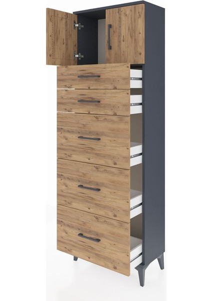 Arges Dolap Tek Raflı 5 Çekmeceli 2 Kapaklı 60X30X182 Antrasit-Çam fırsatları
