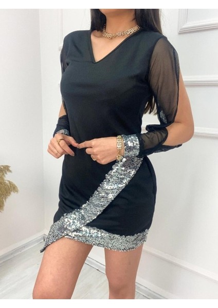 Kadın V Yaka Pulpayet Ithal Krep Mini Elbise fiyatları