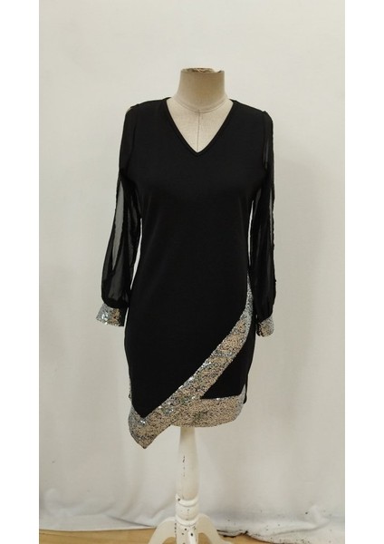 Kadın V Yaka Pulpayet Ithal Krep Mini Elbise indirimleri