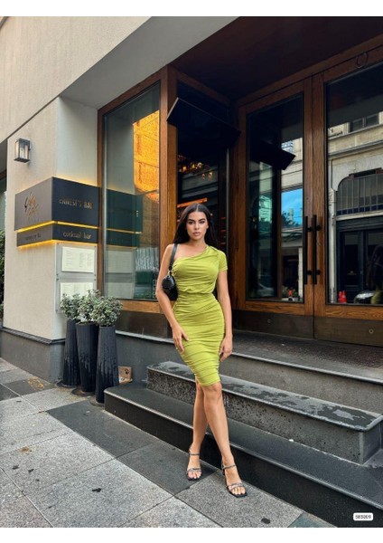 Tek Kol Detaylı Sandy Kumaş Elbise 583009 F.yeşil