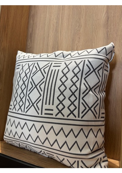 Bohem Tarz Dekoratif Kırlent- Siyah Beyaz Etnik DESEN-45X45 Cm-Su Geçirmez Kumaş