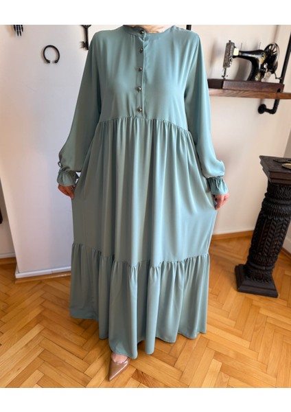 Mint Yarım Patlı 3 Katlı Tesettür Elbise 5078 fırsatları