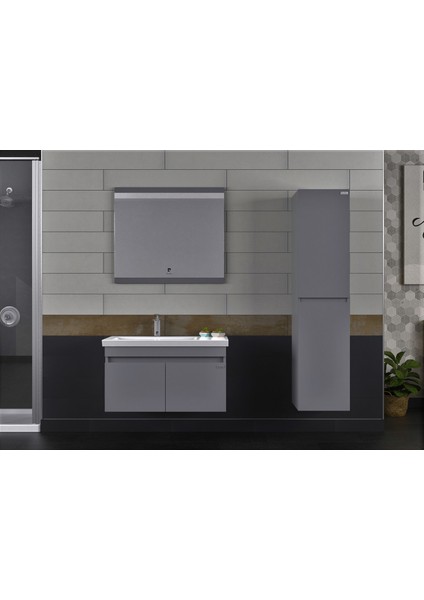 Summer 85CM Mat Antrasit Banyo Dolabı (Ayna+Lavabo+Alt Dolap)